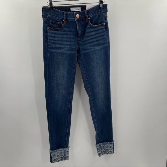 NWT Loft Modern Skinny Crop Tapestry Cuff Pockets Button Zip Dark Wash Jeans - Picture 1 of 11